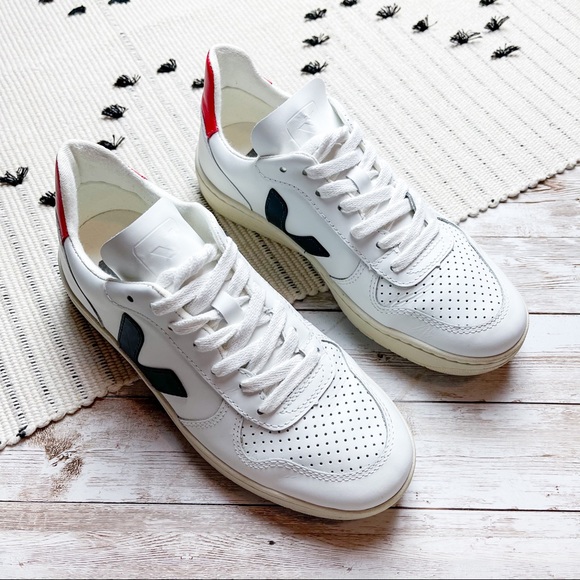 Veja Shoes - Veja V-10 Leather White Blue Red Sneakers Size 5